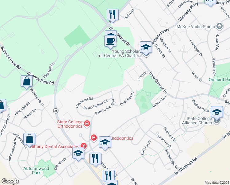 map of restaurants, bars, coffee shops, grocery stores, and more near Falconpointe Dr in State College