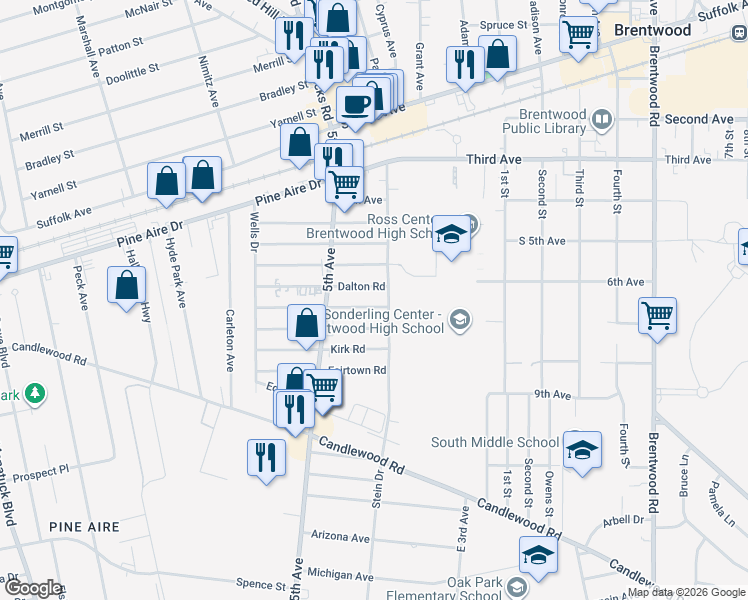 map of restaurants, bars, coffee shops, grocery stores, and more near 39 Dalton Road in Bay Shore