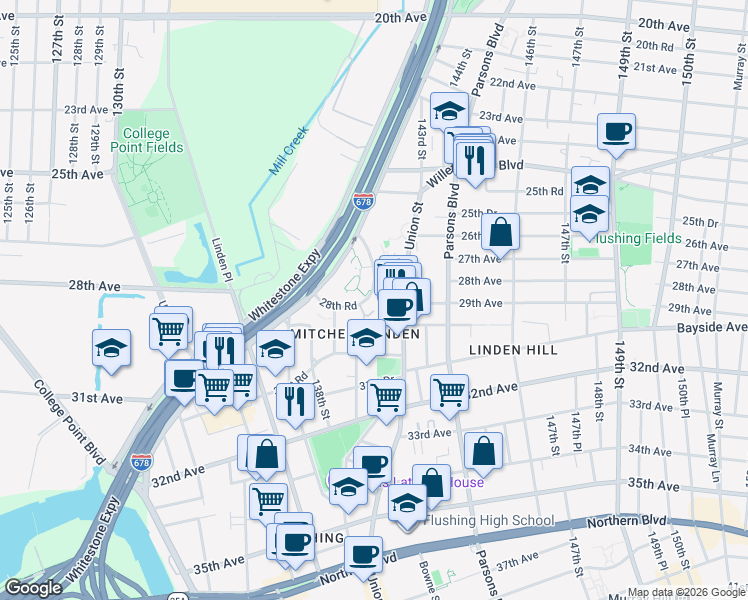 map of restaurants, bars, coffee shops, grocery stores, and more near 28-09 141st Street in Queens