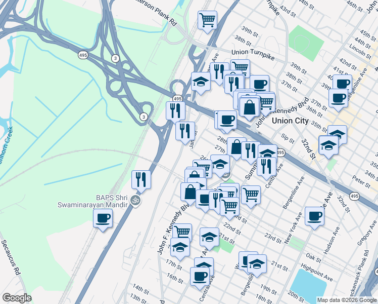 map of restaurants, bars, coffee shops, grocery stores, and more near 2618 Paterson Plank Road in North Bergen
