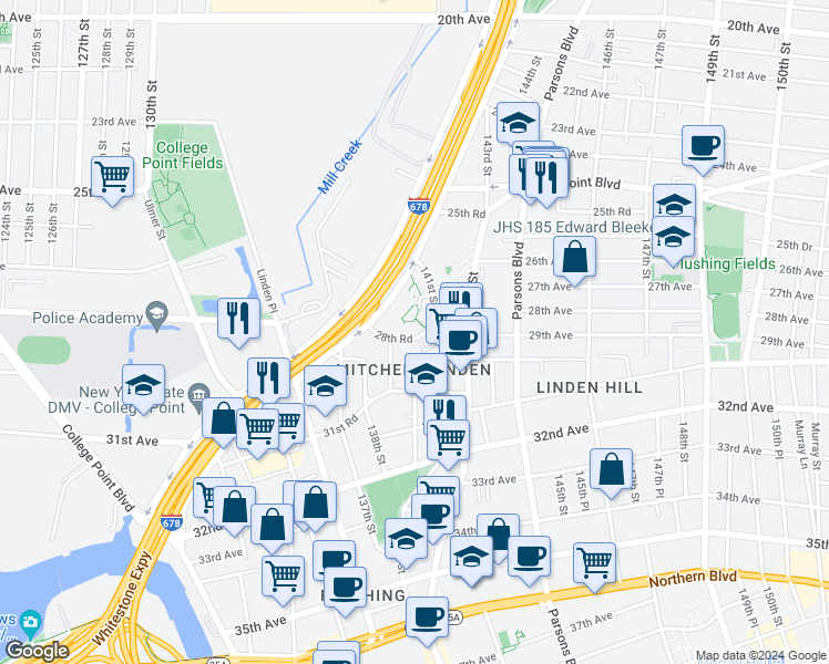 map of restaurants, bars, coffee shops, grocery stores, and more near 28-09 141st Street in Queens