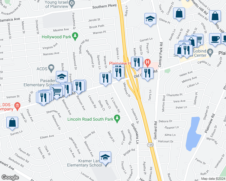 map of restaurants, bars, coffee shops, grocery stores, and more near 6 Grohmans Lane in Plainview