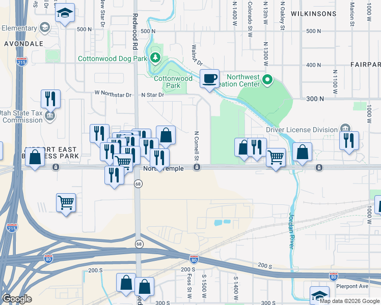 map of restaurants, bars, coffee shops, grocery stores, and more near 111 North Cornell Street in Salt Lake City