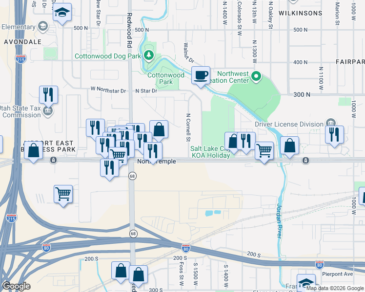 map of restaurants, bars, coffee shops, grocery stores, and more near 111 North Cornell Street in Salt Lake City