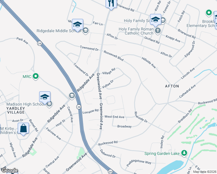 map of restaurants, bars, coffee shops, grocery stores, and more near 6 Vultee Drive in Florham Park