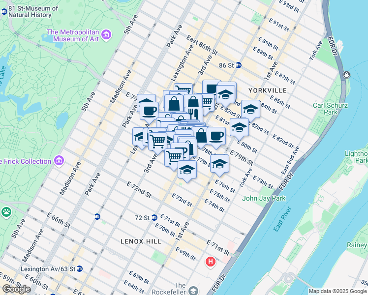 map of restaurants, bars, coffee shops, grocery stores, and more near 247 East 77th Street in New York