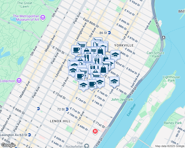 map of restaurants, bars, coffee shops, grocery stores, and more near 313 East 78th Street in New York