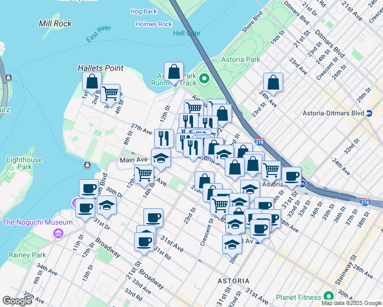 map of restaurants, bars, coffee shops, grocery stores, and more near 1437 27th Avenue in Queens