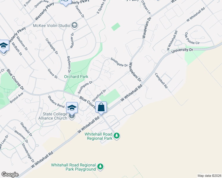 map of restaurants, bars, coffee shops, grocery stores, and more near 802 Stratford Drive in State College