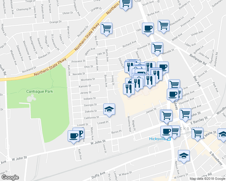 map of restaurants, bars, coffee shops, grocery stores, and more near 11 Irving Court in Hicksville