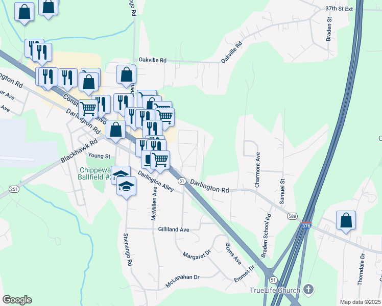 map of restaurants, bars, coffee shops, grocery stores, and more near Park Lane in Beaver Falls