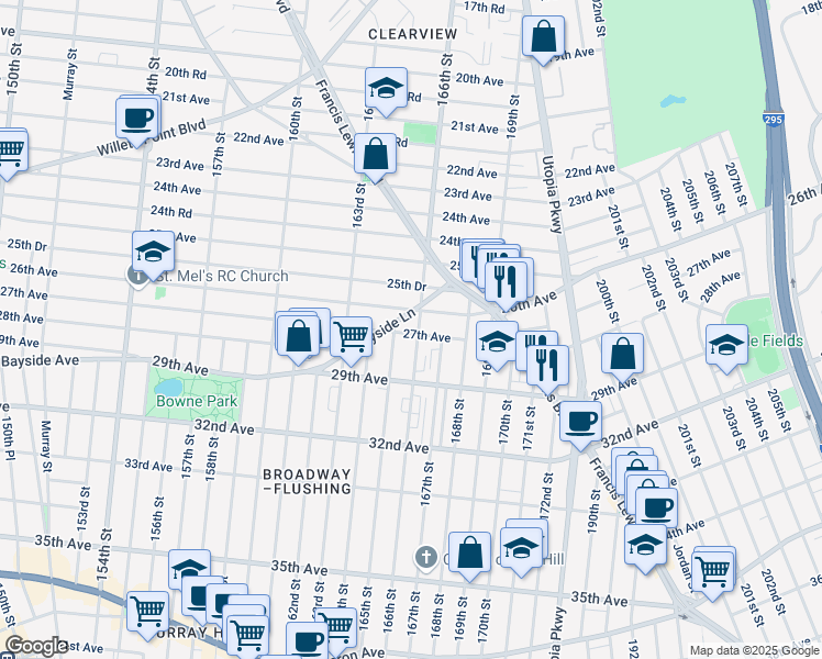 map of restaurants, bars, coffee shops, grocery stores, and more near 26-04 166th Street in Queens