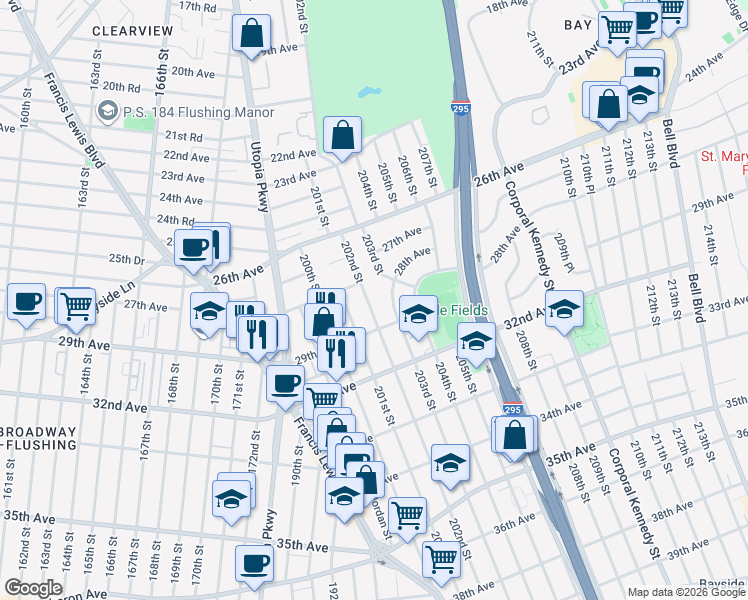 map of restaurants, bars, coffee shops, grocery stores, and more near 27-36 203rd Street in Queens
