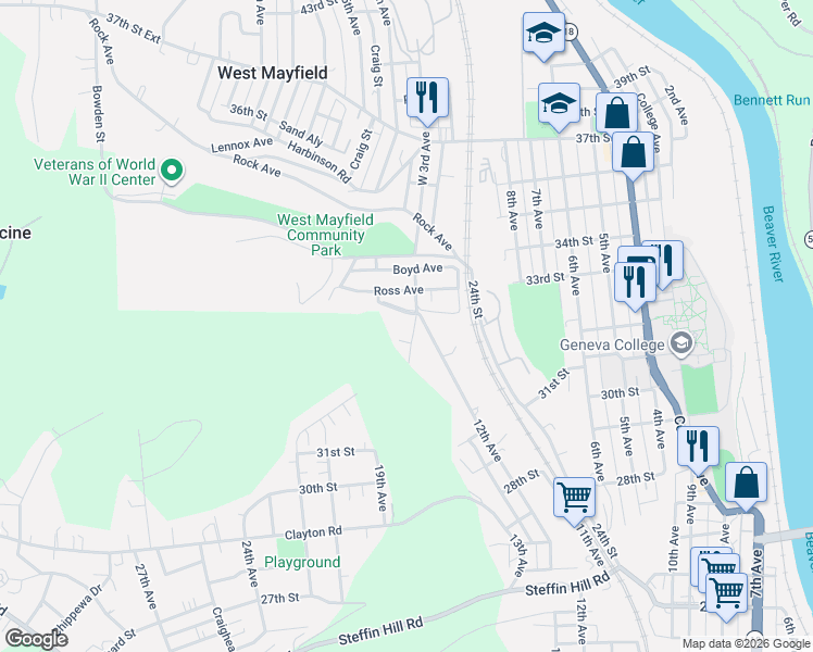 map of restaurants, bars, coffee shops, grocery stores, and more near 118 Coolidge Street in Beaver Falls