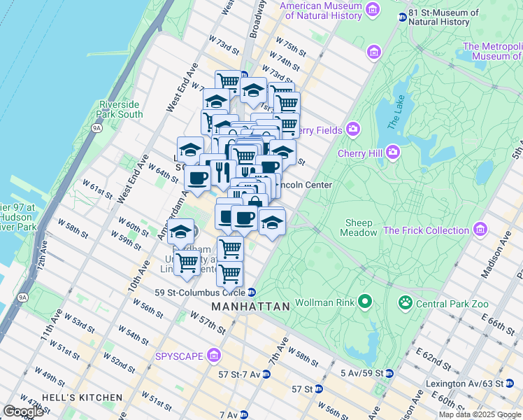 map of restaurants, bars, coffee shops, grocery stores, and more near 23 West 65th Street in New York
