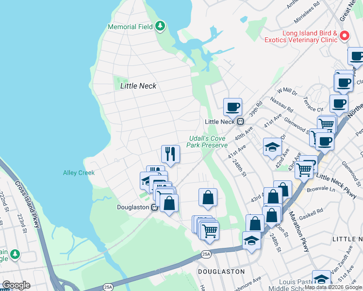 map of restaurants, bars, coffee shops, grocery stores, and more near 3 East Drive in Queens