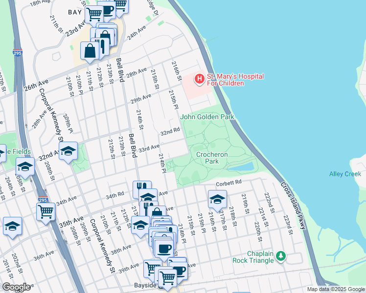map of restaurants, bars, coffee shops, grocery stores, and more near 215th Place in Queens