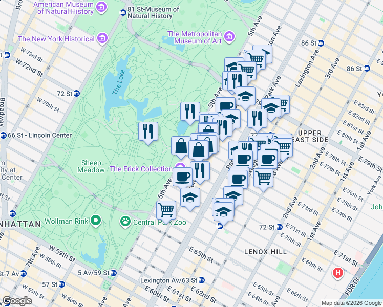 map of restaurants, bars, coffee shops, grocery stores, and more near 909 5th Avenue in New York