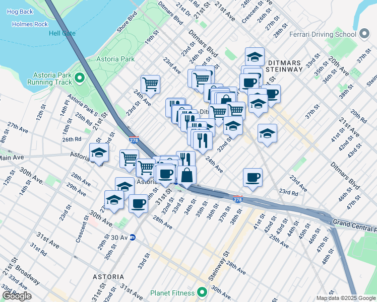 map of restaurants, bars, coffee shops, grocery stores, and more near 28-12 24th Avenue in Queens