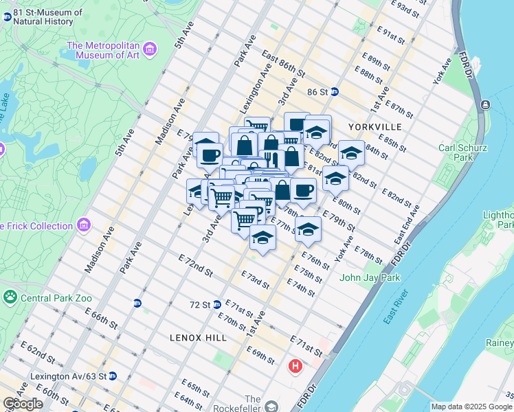 map of restaurants, bars, coffee shops, grocery stores, and more near 245 East 77th Street in New York