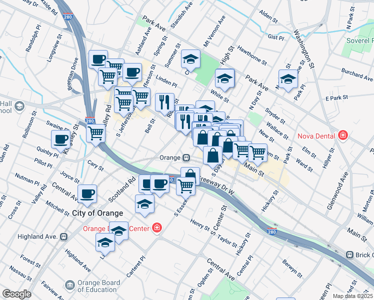 map of restaurants, bars, coffee shops, grocery stores, and more near 32 Lincoln Avenue in City of Orange