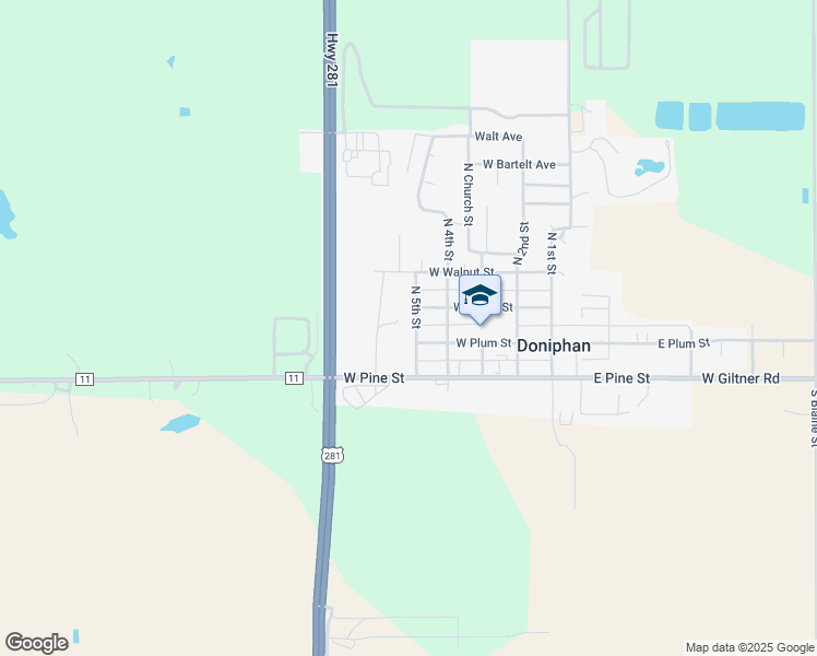 map of restaurants, bars, coffee shops, grocery stores, and more near 108 North 5th Street in Doniphan