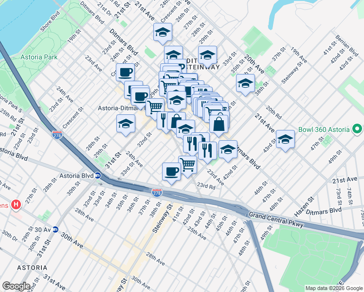 map of restaurants, bars, coffee shops, grocery stores, and more near 22-55 36th Street in Queens