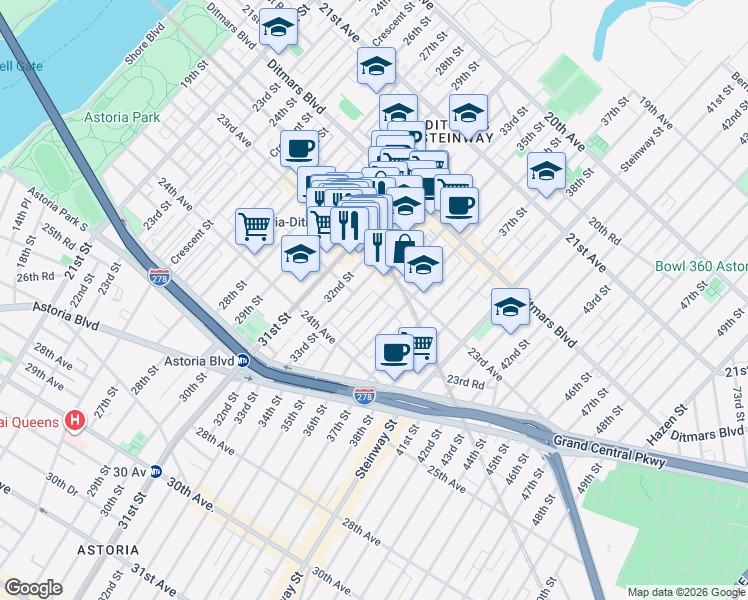 map of restaurants, bars, coffee shops, grocery stores, and more near 23-26 33rd Street in Queens