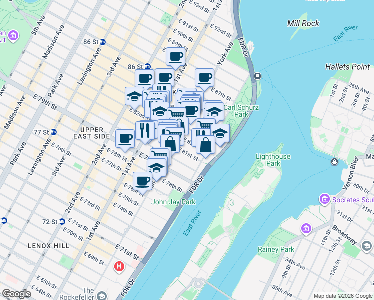 map of restaurants, bars, coffee shops, grocery stores, and more near 517 East 81st Street in New York