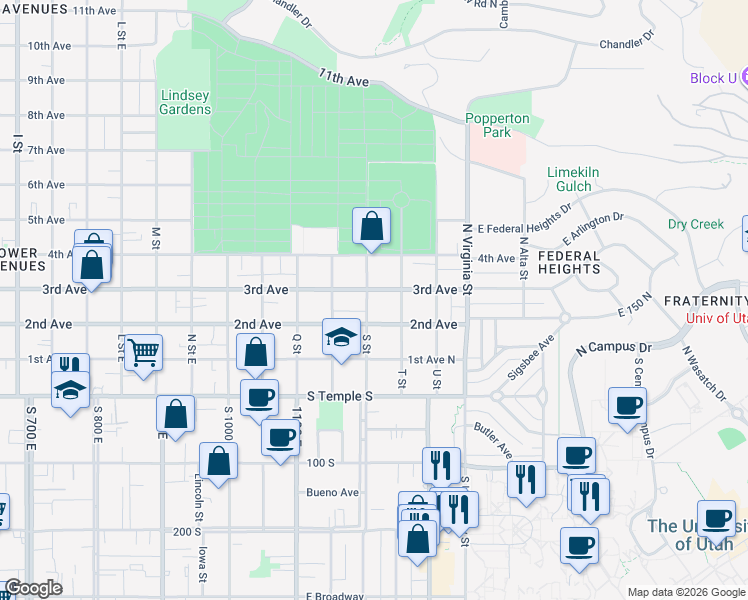 map of restaurants, bars, coffee shops, grocery stores, and more near 132 S Street in Salt Lake City