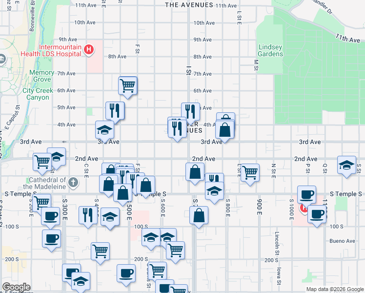 map of restaurants, bars, coffee shops, grocery stores, and more near 156 I Street in Salt Lake City