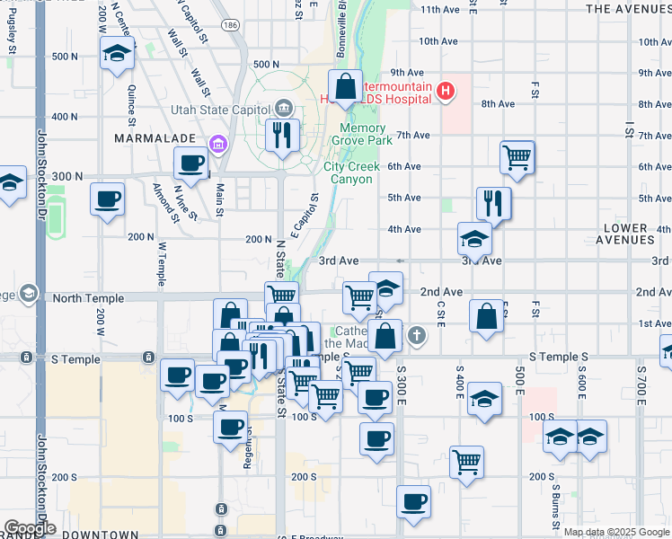 map of restaurants, bars, coffee shops, grocery stores, and more near 171 East 3rd Avenue in Salt Lake City