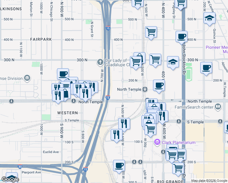map of restaurants, bars, coffee shops, grocery stores, and more near 619 West 200 North in Salt Lake City