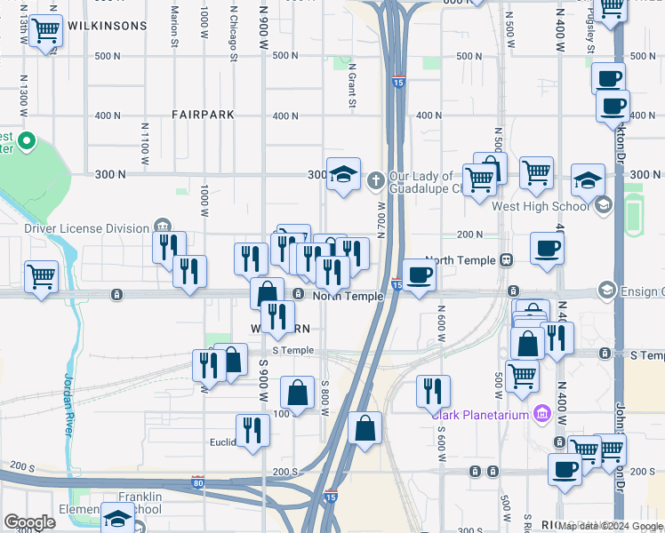 map of restaurants, bars, coffee shops, grocery stores, and more near 154 North 8th West in Salt Lake City