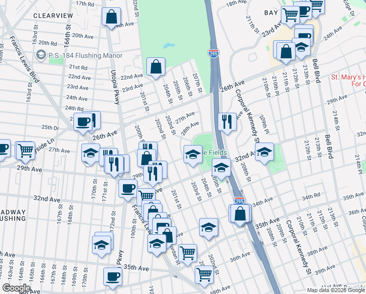 map of restaurants, bars, coffee shops, grocery stores, and more near 27-36 203rd Street in Queens