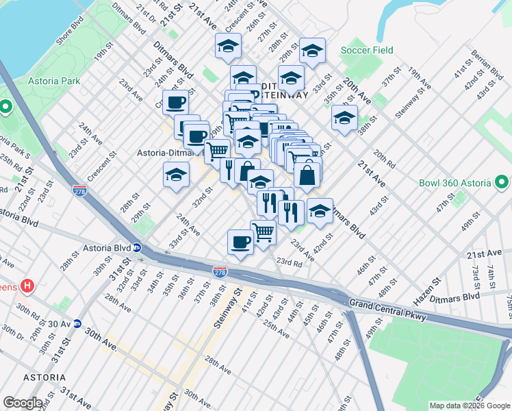 map of restaurants, bars, coffee shops, grocery stores, and more near 22-55 36th Street in Queens
