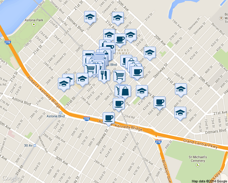 map of restaurants, bars, coffee shops, grocery stores, and more near 35-01 23rd Avenue in Queens