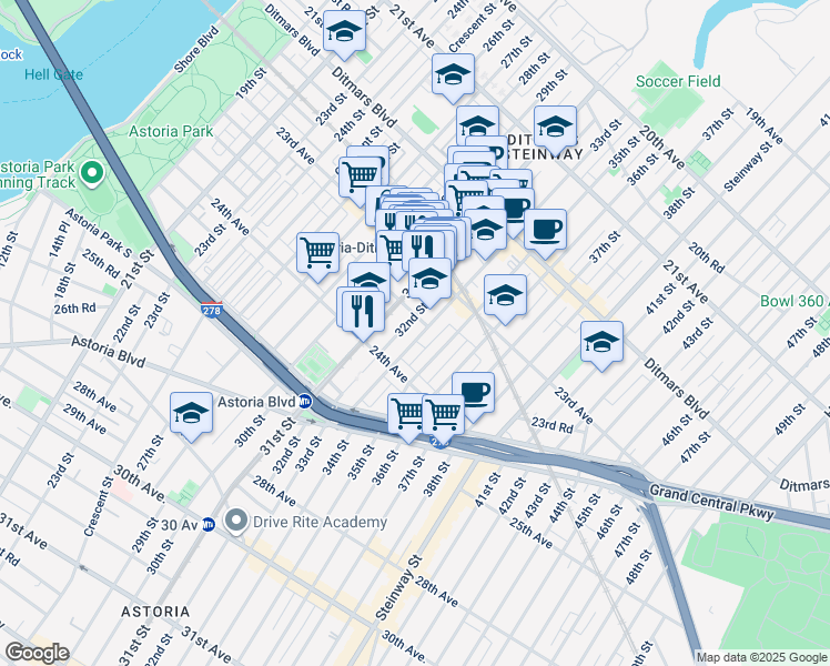 map of restaurants, bars, coffee shops, grocery stores, and more near 23-53 31st Street in Queens