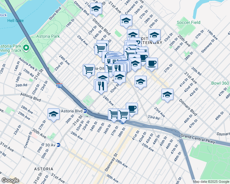 map of restaurants, bars, coffee shops, grocery stores, and more near 23-53 31st Street in Queens