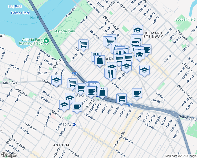 map of restaurants, bars, coffee shops, grocery stores, and more near 28-12 24th Avenue in Queens
