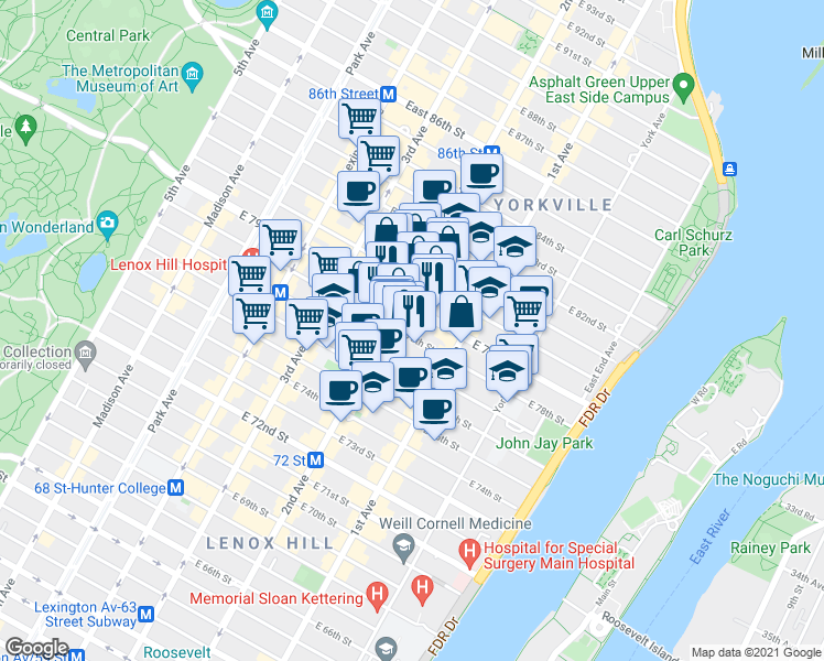 map of restaurants, bars, coffee shops, grocery stores, and more near in New York