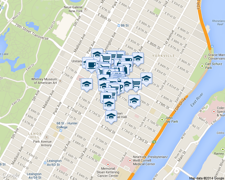 map of restaurants, bars, coffee shops, grocery stores, and more near 261 East 78th Street in New York