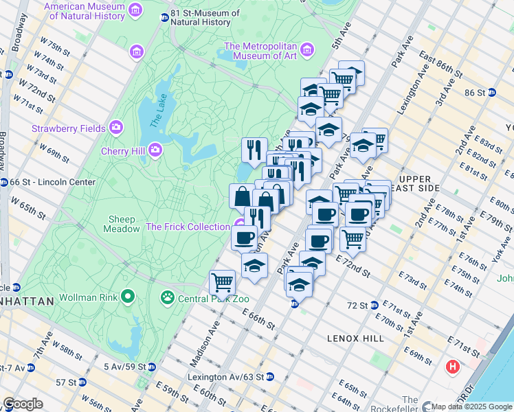 map of restaurants, bars, coffee shops, grocery stores, and more near 909 5th Avenue in New York