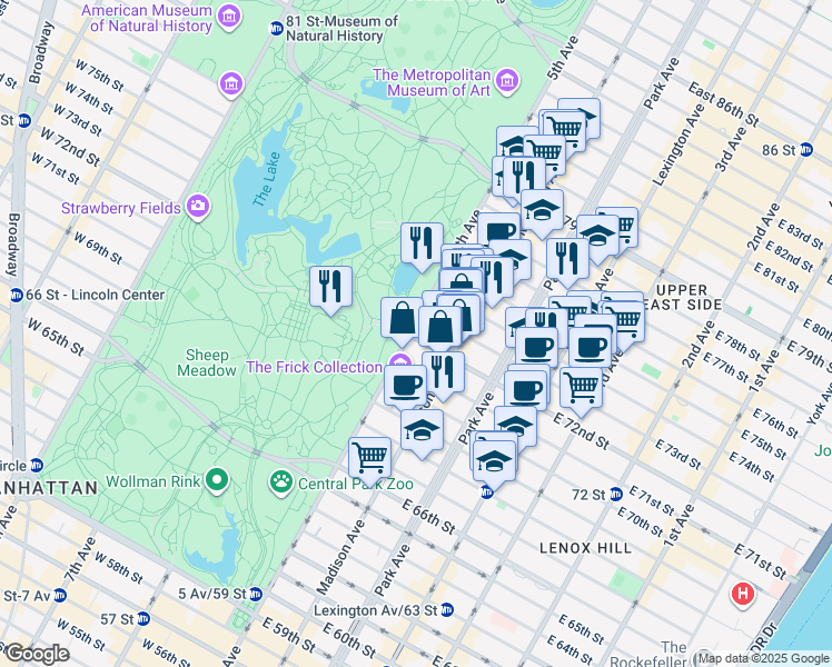 map of restaurants, bars, coffee shops, grocery stores, and more near 909 5th Avenue in New York