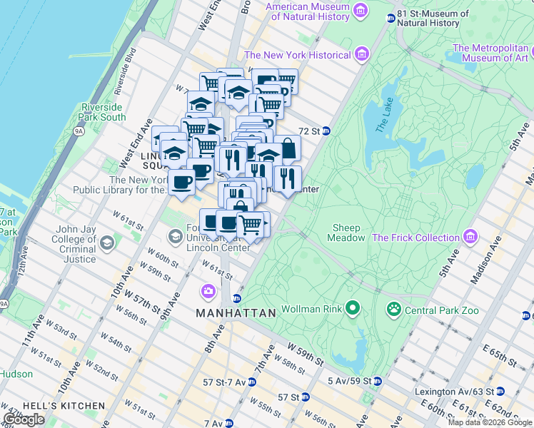 map of restaurants, bars, coffee shops, grocery stores, and more near 47 West 66th Street in New York