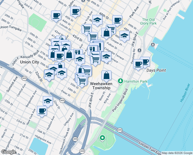 map of restaurants, bars, coffee shops, grocery stores, and more near 164 Edgar Street in Weehawken
