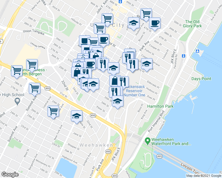 map of restaurants, bars, coffee shops, grocery stores, and more near 140 37th Street in Union City