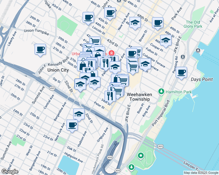 map of restaurants, bars, coffee shops, grocery stores, and more near 140 37th Street in Union City