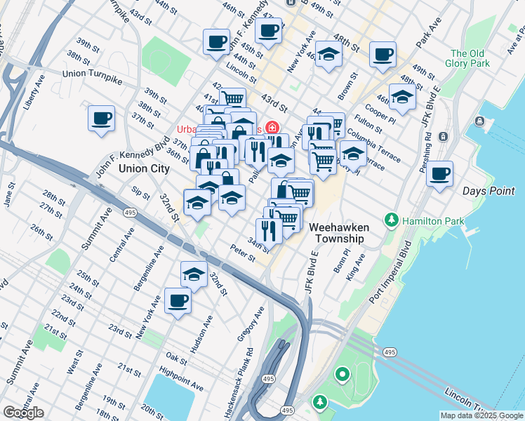 map of restaurants, bars, coffee shops, grocery stores, and more near 140 37th Street in Union City