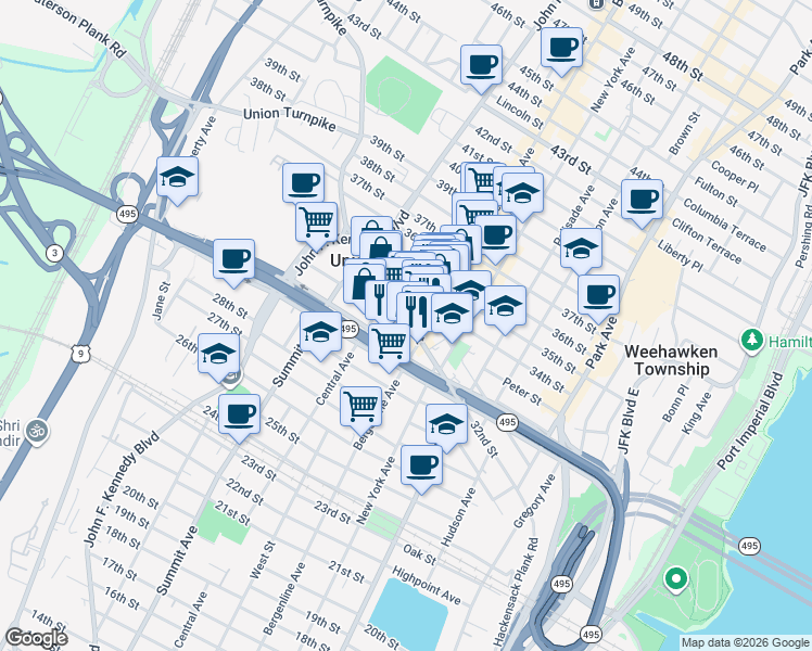 map of restaurants, bars, coffee shops, grocery stores, and more near 518 Hackensack Plank Road in Union City